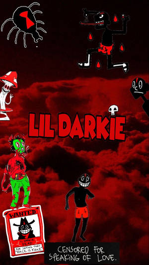 暗紅色天空中的卡通角色，帶有「Lil Darkie」文字和一張通緝海報。