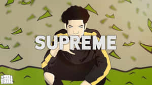 卡通男人穿著黑色和黃色外套，被飄落的綠色紙屑和「SUPREME」文字包圍。