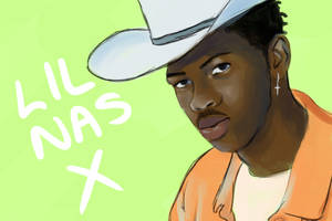 Lil Nas X 戴著白色牛仔帽和橙色襯衫，背景為綠色。