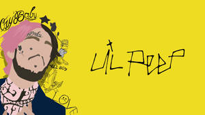 Lil Peep的卡通插圖，粉紅色頭髮和紋身，在黃色背景上帶有塗鴉。