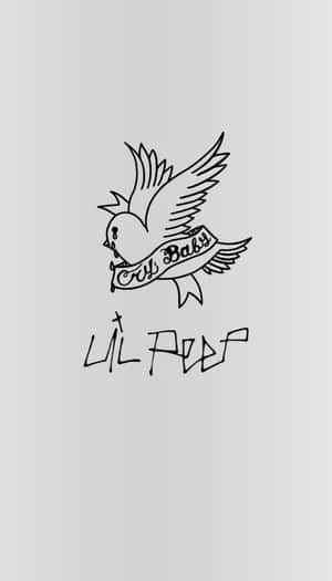 一隻風格化的鳥拿著帶有Lil Peep簽名的Cry Baby橫幅。