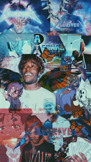 Lil Uzi Vert 拼貼，包含蝴蝶、鏈條和專輯藝術，以藍色和紫色調呈現。
