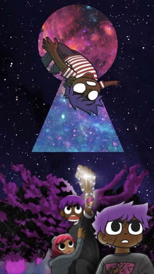 三個紫髮小孩在帶有宇宙鎖眼的星空下拿著一個發光物體。
