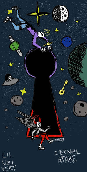 太空中的卡通鑰匙孔，有翼人物和行星。