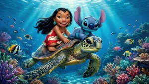 Lilo 與 Stitch 騎著海龜穿過珊瑚礁，周圍有魚兒。