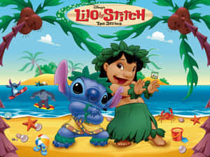 Lilo 和 Stitch 在夏威夷海灘上，帶著衝浪板和海洋生物。 — 莉洛與史迪奇 壁紙