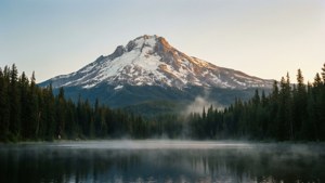 黎明時分，積雪的山峰倒映在霧氣瀰漫的湖泊中，周圍環繞著常綠樹。