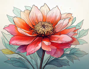 一幅色彩繽紛的插畫牡丹，花瓣層層疊疊，葉子青綠色，背景漸變。