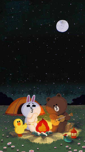 LINE FRIENDS 角色在星空下露營，有營火和滿月。