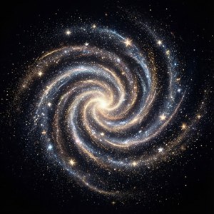 一個充滿活力的螺旋星系，散發著金色和藍色的光芒，周圍環繞著星星。 — Huawei nova Flip 壁紙