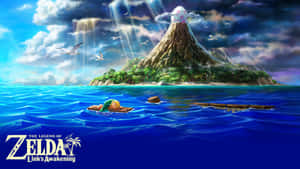 Link 在木筏上漂浮，朝向 Zelda 遊戲場景中的火山島。 — 薩爾達 GIF 壁紙
