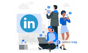 三人在乾淨的數位工作空間中圍繞一個大型 LinkedIn 標誌使用設備。