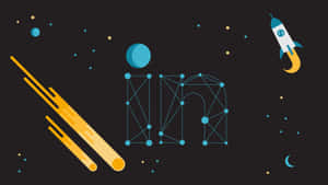 LinkedIn標誌在太空中以點和線的網絡形式呈現，並帶有火箭和行星。