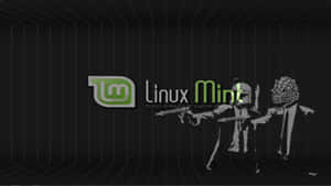 Linux Mint 標誌，在黑暗走廊中有兩個人物，帶有綠色文字。 — 電腦 GIF 壁紙