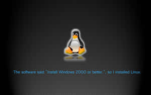 Linux企鵝吉祥物，附有關於安裝Linux而非Windows的文字。