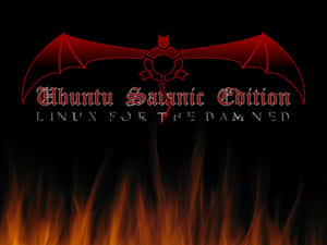 紅色蝙蝠標誌，帶有火焰和文字 Ubuntu Satanic Edition Linux for the Damned