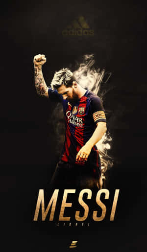 美斯身穿巴塞隆拿球衣，舉起拳頭慶祝，伴隨煙霧效果。 — 梅西 壁紙