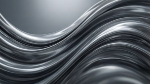在灰色漸變背景上，抽象流暢的金屬銀色波浪，表面光滑反射