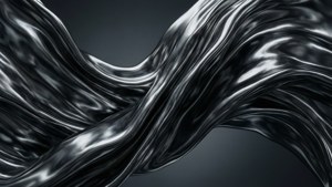 一條光澤的金屬銀色絲帶在深灰色背景上以平滑波浪流動。