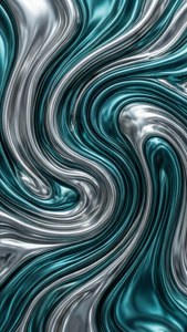 有光澤的青綠色和銀色金屬漩渦以動態抽象圖案流動