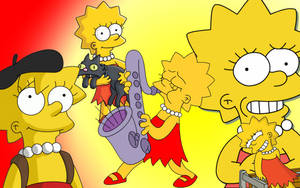Lisa Simpson角色在黃紅漸變背景中與貓和嬰兒一起演奏薩克斯風。