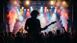 一位音樂家在色彩繽紛的燈光和煙霧中，在觀眾面前演奏電結他。