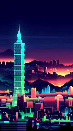 黃昏時分的霓虹城市天際線，發光的摩天大樓和山脈背景。