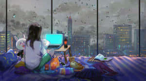 女孩在床上用手提電腦和小吃看城市窗戶上的雨夜