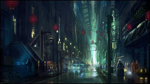 夜晚的未來城市街道，發光的霓虹燈和紅燈籠反射在潮濕的路面上。