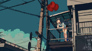 動漫女孩在陽台上，在城市環境中拿著紅色氣球，背景是藍綠色天空。