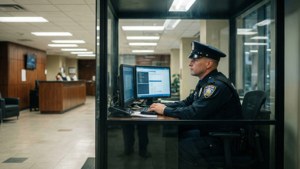 警員在辦公大樓的玻璃亭內使用電腦工作