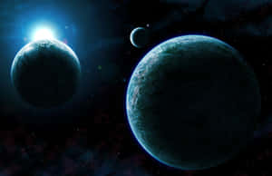 太空中兩顆大行星，有一顆明亮的恆星和一顆小衛星