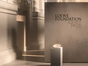 一個陶瓷碗放在陽光照射的畫廊基座上，牆上寫有「Loewe Foundation Craft Prize」文字。