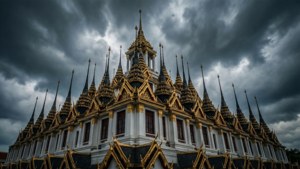 宏偉的泰國寺廟，金色尖頂，暴風雨天空下