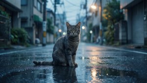 一隻灰色虎斑貓在雨中坐在街燈下的濕漉漉的城市街道上。