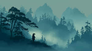 一個武士獨自走過霧氣瀰漫的山巒，松樹林立。