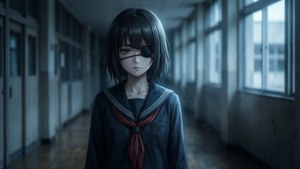 戴眼罩的動漫女孩在昏暗學校走廊，穿著水手服和紅色領巾