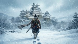 武士走向冬季森林中白雪覆蓋的日本城堡