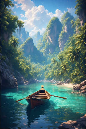 一艘木船在平靜的碧綠海水中休息，周圍環繞著熱帶懸崖和棕櫚樹。