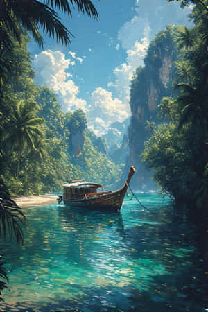 一艘木船漂浮在碧綠的海水中，周圍是叢林和懸崖，天空晴朗。