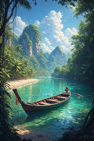 一艘木船在碧綠的海水中漂浮，靠近沙灘，周圍是茂密的叢林和高聳的懸崖，天空晴朗。