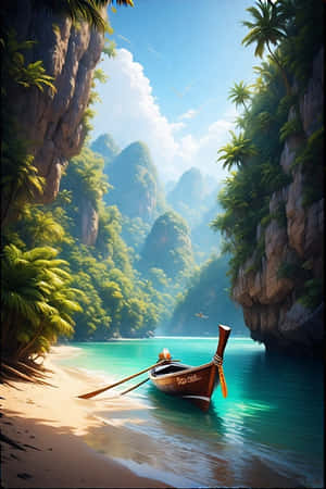 一艘木船停泊在沙灘上，旁邊是碧綠的海水，周圍是茂密的叢林懸崖。