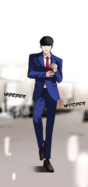 一位穿著藍色西裝的男士拿著咖啡杯行走，附近有「whisper」文字漂浮。