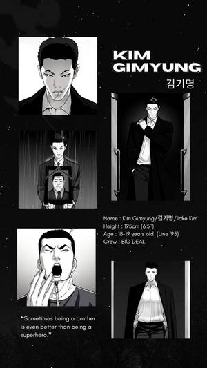 金基明（Kim Gimyung）的黑白動畫角色資料表，包含多個姿勢和文字細節。