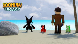 Roblox角色和三隻生物在陽光明媚的海灘上，靠近海洋和棕櫚樹