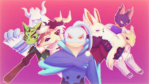 一群動畫風格的擬人化動物，擁有色彩繽紛的毛髮和面具，一起擺姿勢。