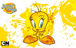 Tweety Bird 卡通角色，背景係黃色油漆濺。