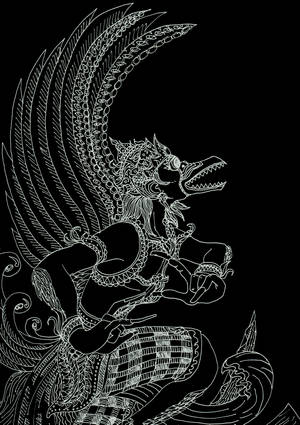 風格化的白色線條繪畫，描繪神話中的迦樓羅，帶有複雜的翅膀和兇猛的表情，背景為黑色。