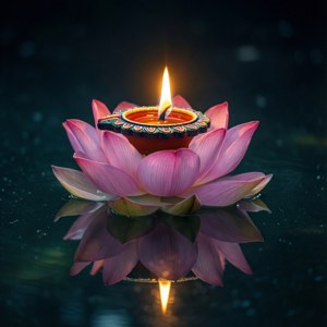 一個點燃的蠟燭放在裝飾燭台上，漂浮在水面上，在粉紅色蓮花上，有清晰的倒影。