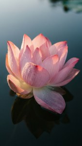帶有露珠的粉紅蓮花漂浮在暗色反光水面上